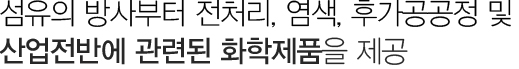 섬유의 방사 및 제조 공정에서 염색, 가공 공정에 사용되는 관련 화학제풍을 제공